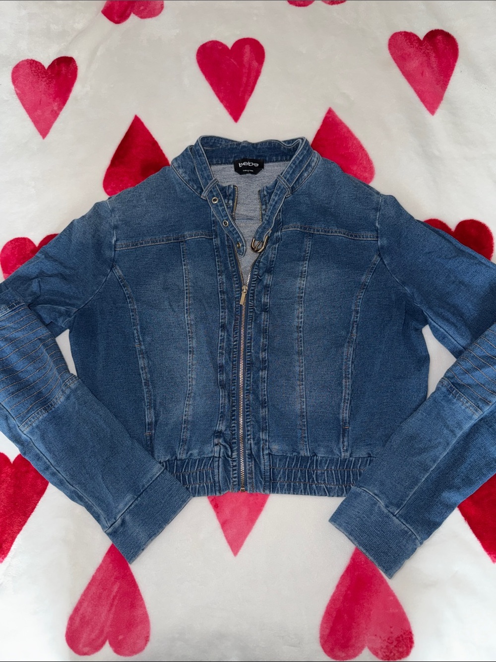 bebe Blue Cropped Denim Zip Jacket